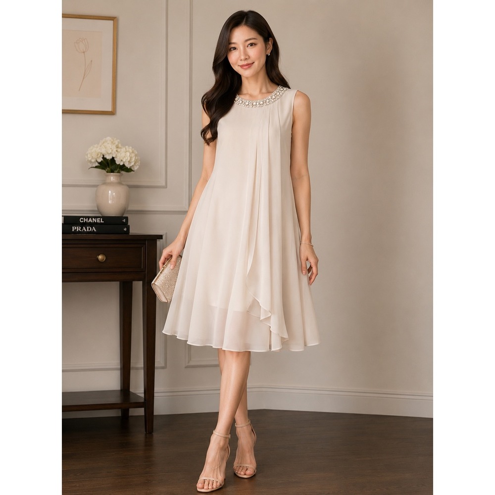 Vince Camuto Beaded‎ Jewel Neck Chiffon Ruffle Trapeze Dress Champagne Beige 8